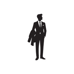 Man in jacket standing with hand in his pocket, side view, isolated vector silhouette