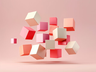 Abstract Geometric Composition with Floating 3D Cubes in Pastel Pink and Beige Tones on Soft Peach Background