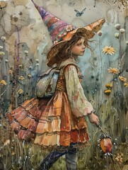 Fototapeta premium Little fairy. Watercolor. Wall Art. A beautiful illustration of a little fairy surrounded by flowers. AI generated
