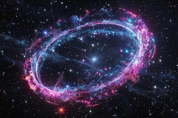Obraz premium A surreal circular glow: A radiant neon halo surrounding a celestial nebula in the inky night sky.