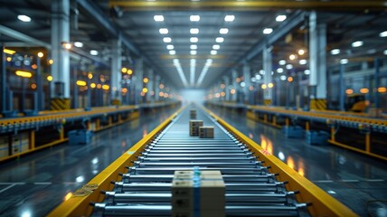 Obraz premium High-tech automated warehouse with illuminated conveyor belts moving packages, showcasing advanced logistics and distribution center operationsautomated