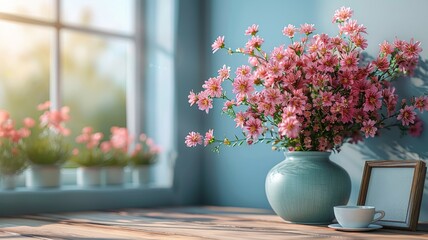 Beautiful Sunlit Room with Decorative Vase of Pink Flowers on Wooden Table Near Window Overlooking Garden with Soft Focus Backgroundsunlit room