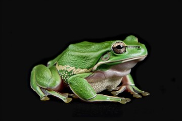 Obraz premium the beside view American Green Tree Frog, left side view, white copy space on right, isolated on black background