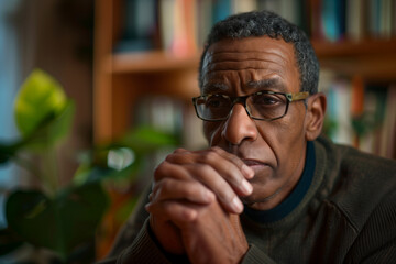 closeup portrait-style photo of a counselor with a concerned yet compassionate expression, hands clasped in a thoughtful pose as they listen to the patient. The background includes