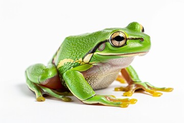 Obraz premium the beside view American Green Tree Frog, left side view, white copy space on right, isolated on white background