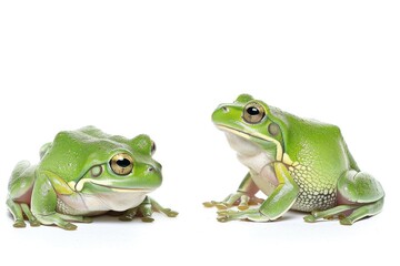 Obraz premium the beside view American Green Tree Frog, left side view, white copy space on right, dutch angle view, isolated on white background
