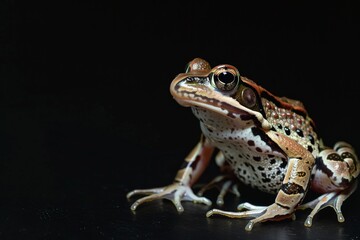 Naklejka premium the beside view Common Frog, left side view, white copy space on right, isolated on black background