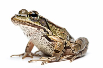 Naklejka premium the beside view Common Frog, left side view, white copy space on right, dutch angle view, isolated on white background