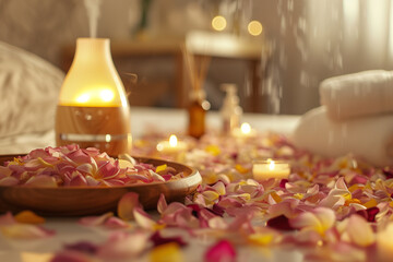 closeup photo focusing on a luxurious bathroom filled with flower petals and essential oils, with an aromatherapy diffuser nearby. The setting includes elements like a wooden tray,