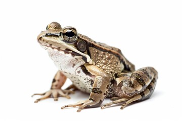 Fototapeta premium the beside view Common Frog, left side view, white copy space on right, isolated on white background