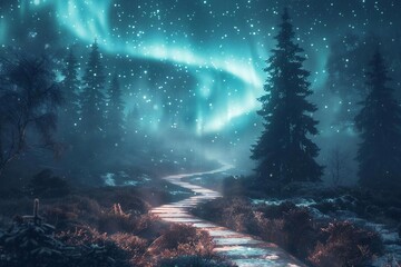 Aurora Borealis Illuminating Pathway Through Frosty Evergreens Under Starry Night Sky