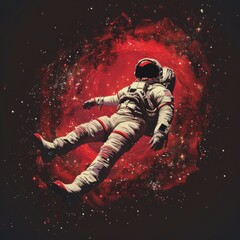 Fototapeta premium An astronaut floating in space, in a digital art style, with a red and white color scheme, against a dark background, with the sun shining on them