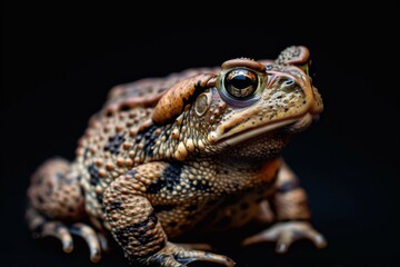 the beside view Common Toad, left side view, white copy space on right, isolated on black background