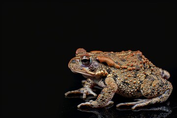 Fototapeta premium the beside view Common Toad, left side view, white copy space on right, isolated on black background