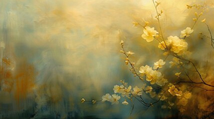  Yellow and white flowers against a blue, yellow, and brown backdrop with a white bird on a branch