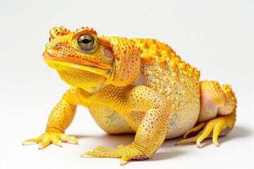 Fototapeta premium the beside view Golden Toad, left side view, white copy space on right, dutch angle view, isolated on white background
