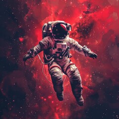 An astronaut floating in space, in a digital art style, with a red and white color scheme, against a dark background, with the sun shining on them