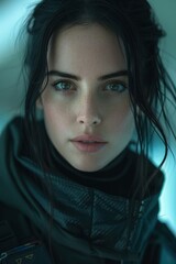 Portrait of a Woman with Intense Green Eyes and Dark Hair, Wearing a Stylish High-Collar Outfit, Bathed in Soft Natural Lightportrait