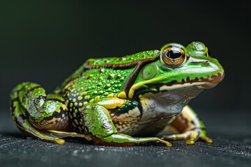 Fototapeta premium the beside view Green Paddy Frog, left side view, white copy space on right, isolated on black background