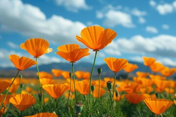 Obraz premium Title: Vibrant orange poppies scattered throughout a lush field beneath a sky dotted with clouds.