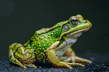 Fototapeta premium the beside view Green Paddy Frog, left side view, white copy space on right, isolated on black background