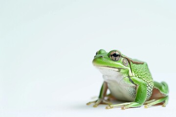 Obraz premium the beside view Green Paddy Frog, left side view, white copy space on right, isolated on white background