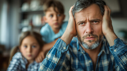 Obraz premium a man has headache and stress because of children's problems , children on background . a father suffers from headaches, tension and psychological pressure due to her children’s problems