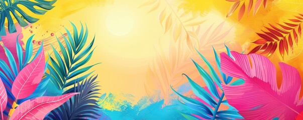 Obraz premium A colorful tropical forest with a bright blue sky. The leaves are green and the flowers are pink. Free copy space for text.