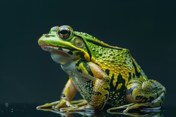the beside view Green Paddy Frog, left side view, white copy space on right, isolated on black background