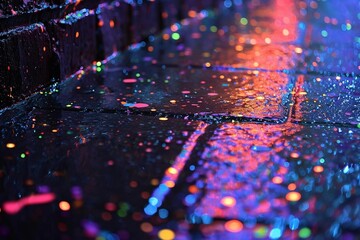 Vibrant Neon Paint Splatters Cast Reflective Sheen on Charcoal Brick Wall