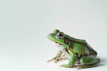 Obraz premium the beside view Green Paddy Frog, left side view, white copy space on right, isolated on white background