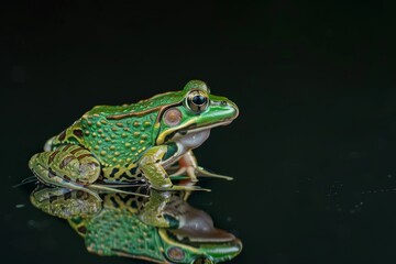 Obraz premium the beside view Green Paddy Frog, left side view, white copy space on right, isolated on black background