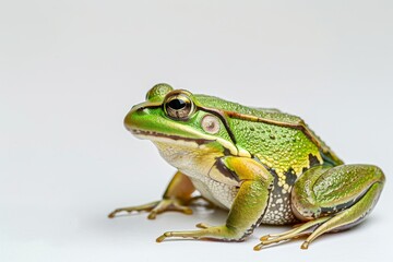 Obraz premium the beside view Green Paddy Frog, left side view, white copy space on right, isolated on white background