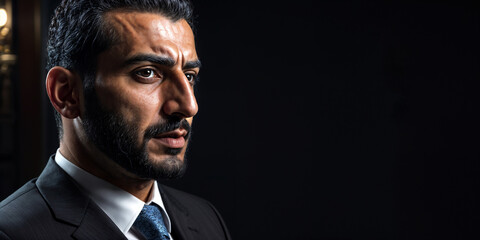 Fototapeta premium man with a stern expression, wearing a suit and tie. He is standing against a black background and appears to be looking to the left.