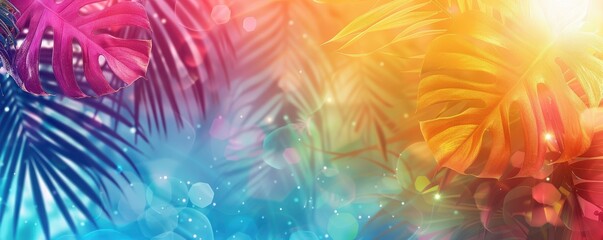 A colorful tropical forest with a bright blue sky. The leaves are green and the flowers are pink. Free copy space for text.