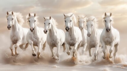 White horses in full gallop on the beach during sunset, muscles rippling under the golden light, water splashing as they move, creating a picturesque scene of grace and strength