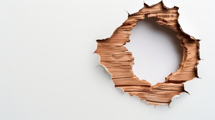 Wood splintering around a hole in a wall, isolated against a white background, jagged edges and ample copy space for mockup use, detailed and realistic