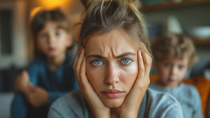 Obraz premium a woman has headache and stress because of children's problems , children on background .A mother suffers from headaches, tension and psychological pressure due to her children’s problems