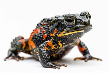 the beside view Oriental Fire-bellied Toad, left side view, white copy space on right, dutch angle view, isolated on white background