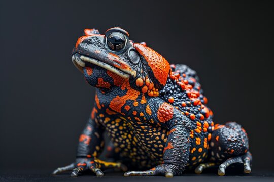 the beside view Oriental Fire-bellied Toad, left side view, white copy space on right, isolated on black background