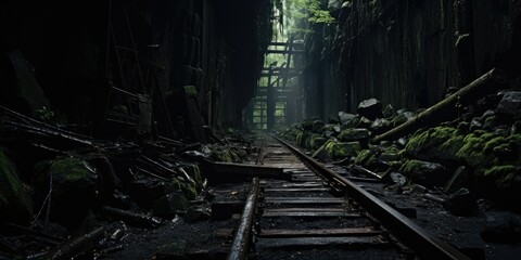 Exploring an old abandoned coal or mineral mine. Reminisce of old trolly tracks 