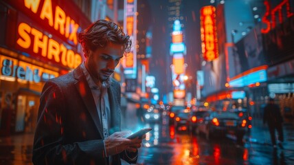 Young Man Using Smartphone on a Rainy Night in Times Square with Vibrant Neon City Lights and Bustling Urban StreetsUrban