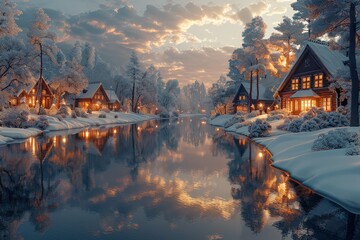 Fototapeta premium Idyllic winter village with snow-covered cabins by a calm river, illuminated by warm, glowing lights under a dramatic cloud-filled sunset skyWinter