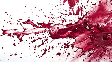 Captivating ruby paint splatters capturing attention against a blank white backdrop.