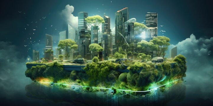 green electronics and eco friendly digital infrastructure. Smartcity, society 5.0, communication technology, metropolitan IT development,