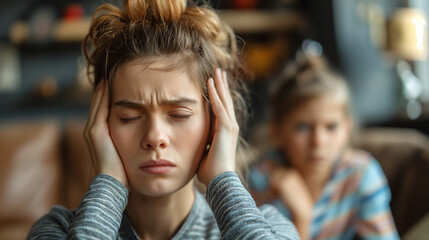 Fototapeta premium a woman has headache and stress because of children's problems , children on background .A mother suffers from headaches, tension and psychological pressure due to her children’s problems