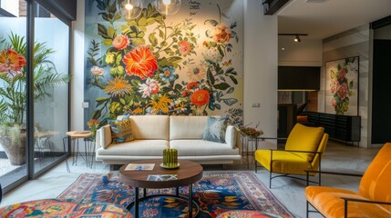 A stylish living room with oily floral patterned wallpaper, combining modern furniture with artistic wall designs