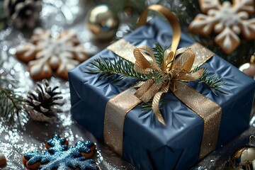 A Festive Holiday Scene: Royal Blue Gift Box with Gold Ribbon, Pine Branches, Snowflake Cookies, and Barley Sugar on Silver Background, Top-Down View with Space for Text, Wide-Screen Layout