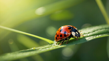Fototapeta premium Ladybug on green leaf with fresh morning dew