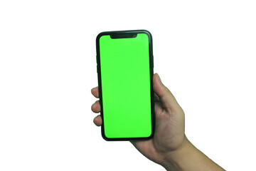 hand holding phone, green screen, isolated on transparent background